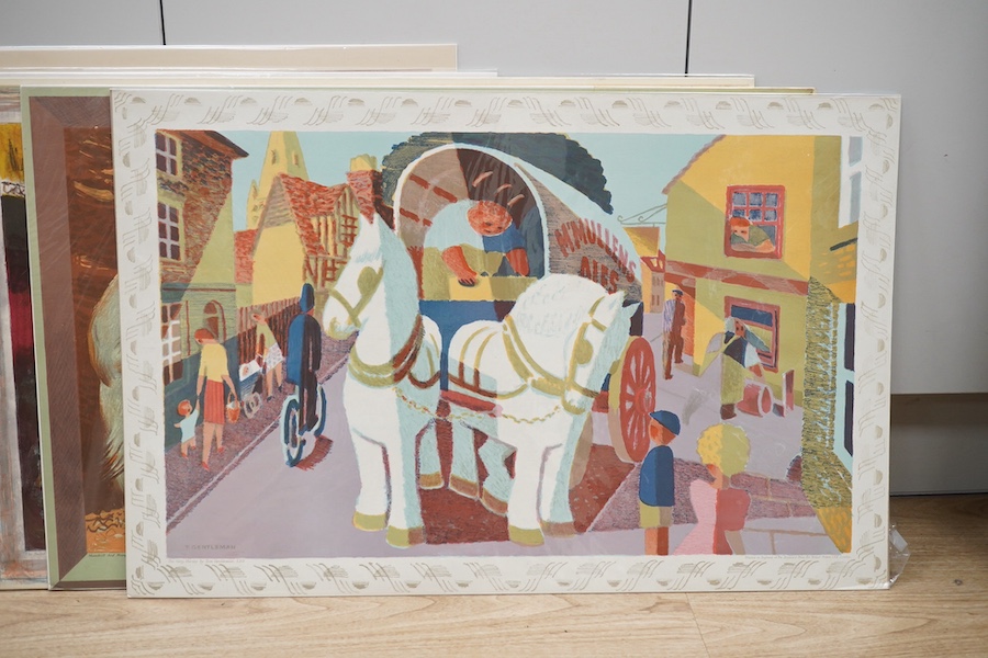 Eight lithographic school prints to include after Michael Rothenstein, ‘Timber felling’ and after Tom Gentleman, ‘The Grey Horses’, each printed in England for the Baynard Press, each 50 x 76cm, unframed. Condition - goo